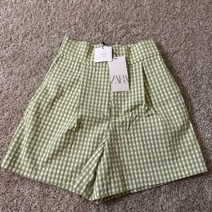 Zara Light Green Gingham High-Waist Shorts